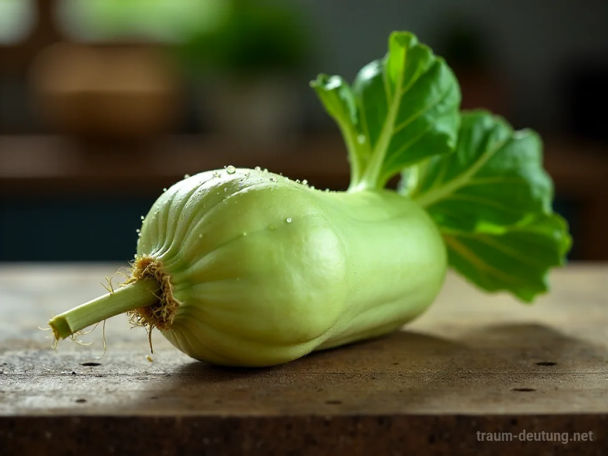 Traumsymbol Kohlrabi: Ein einzelner, makelloser Kohlrabi liegt auf einem rustikalen Holztisch, beleuchtet von sanftem Morgenlicht, mit glitzernden Tautropfen auf seiner glatten, hellgrünen Haut.