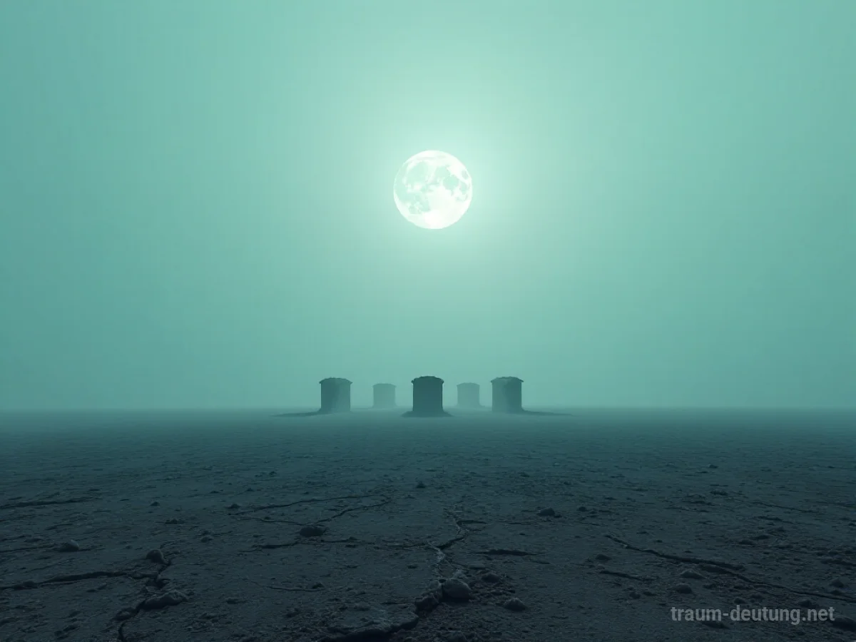 Traumsymbol Kolonie: Eine isolierte Siedlung identischer Häuser in einer trostlosen Mondlandschaft, umgeben von Nebel.