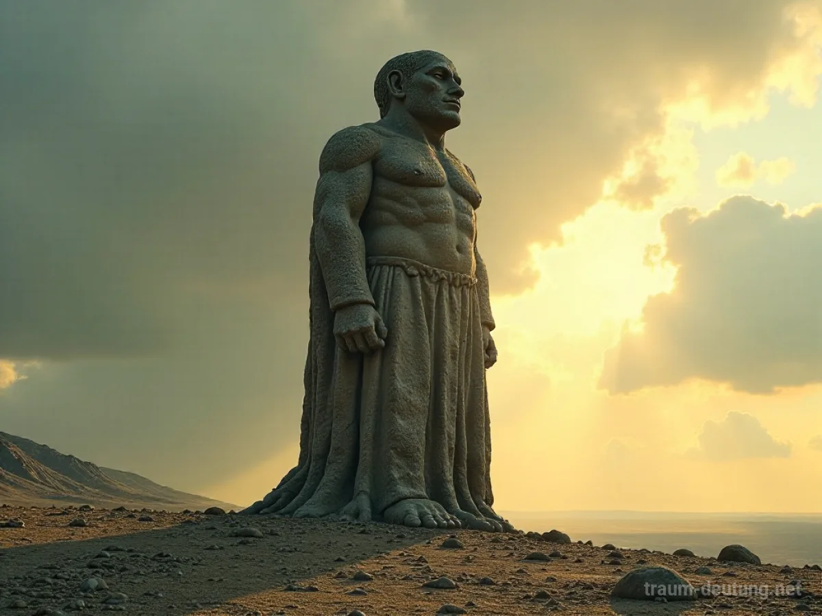 Traumsymbol Koloss: Eine riesige, verwitterte Steinstatue einer menschlichen Figur steht einsam auf einer kargen Ebene unter dramatischem Himmel, beleuchtet von Sonnenstrahlen.