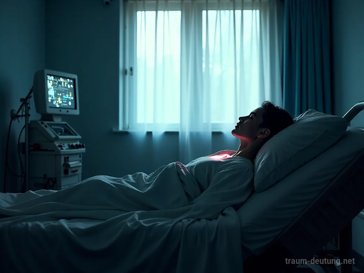 Traumdeutung Koma: Eine Person liegt bewusstlos in einem schwach beleuchteten Krankenzimmer, umgeben von Stille und medizinischer Ausrüstung.