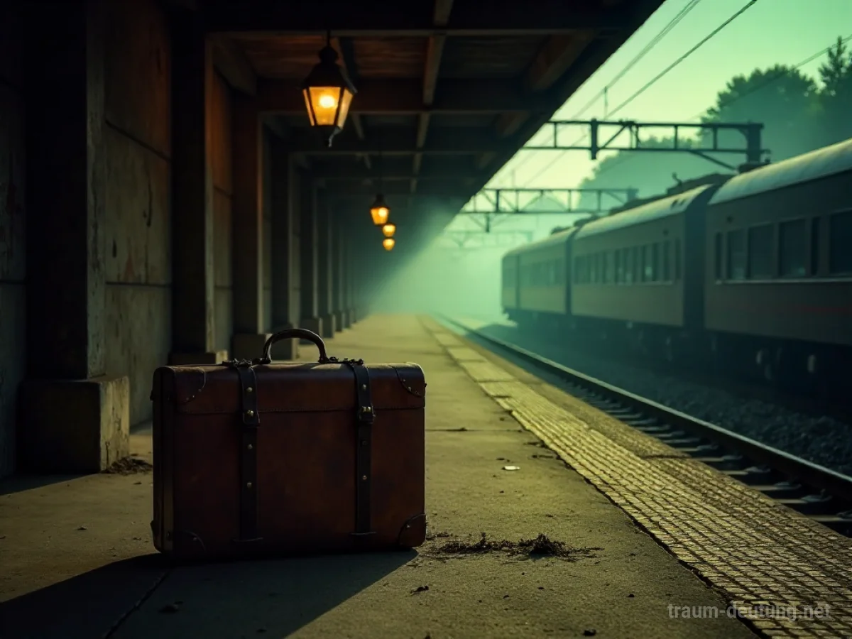 Traumsymbol Kommen: Ein abgenutzter Lederkoffer steht verlassen auf einem staubigen Bahnsteig im Schein einer flackernden Gaslaterne, umgeben von langen Schatten und Nebelschwaden.