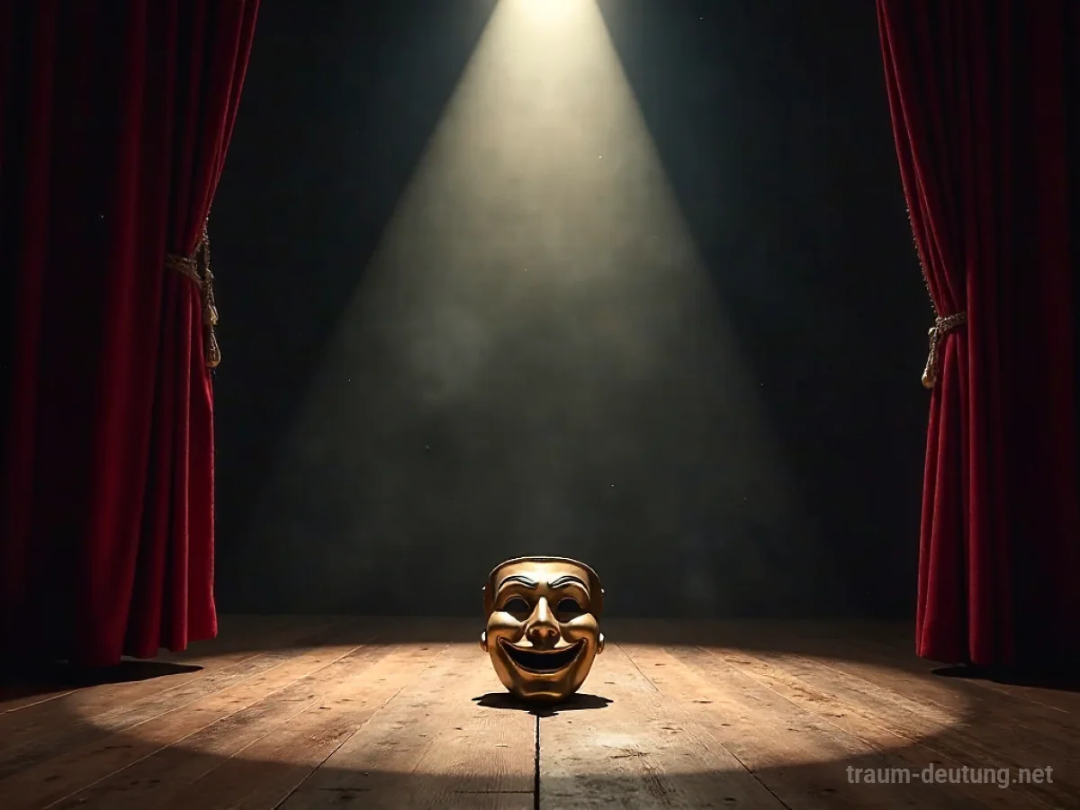 Traumsymbol Komödie: Eine einzelne, beleuchtete Theaterbühne mit einer aufwendigen Komödienmaske im Scheinwerferlicht, umgeben von schweren roten Samtvorhängen.