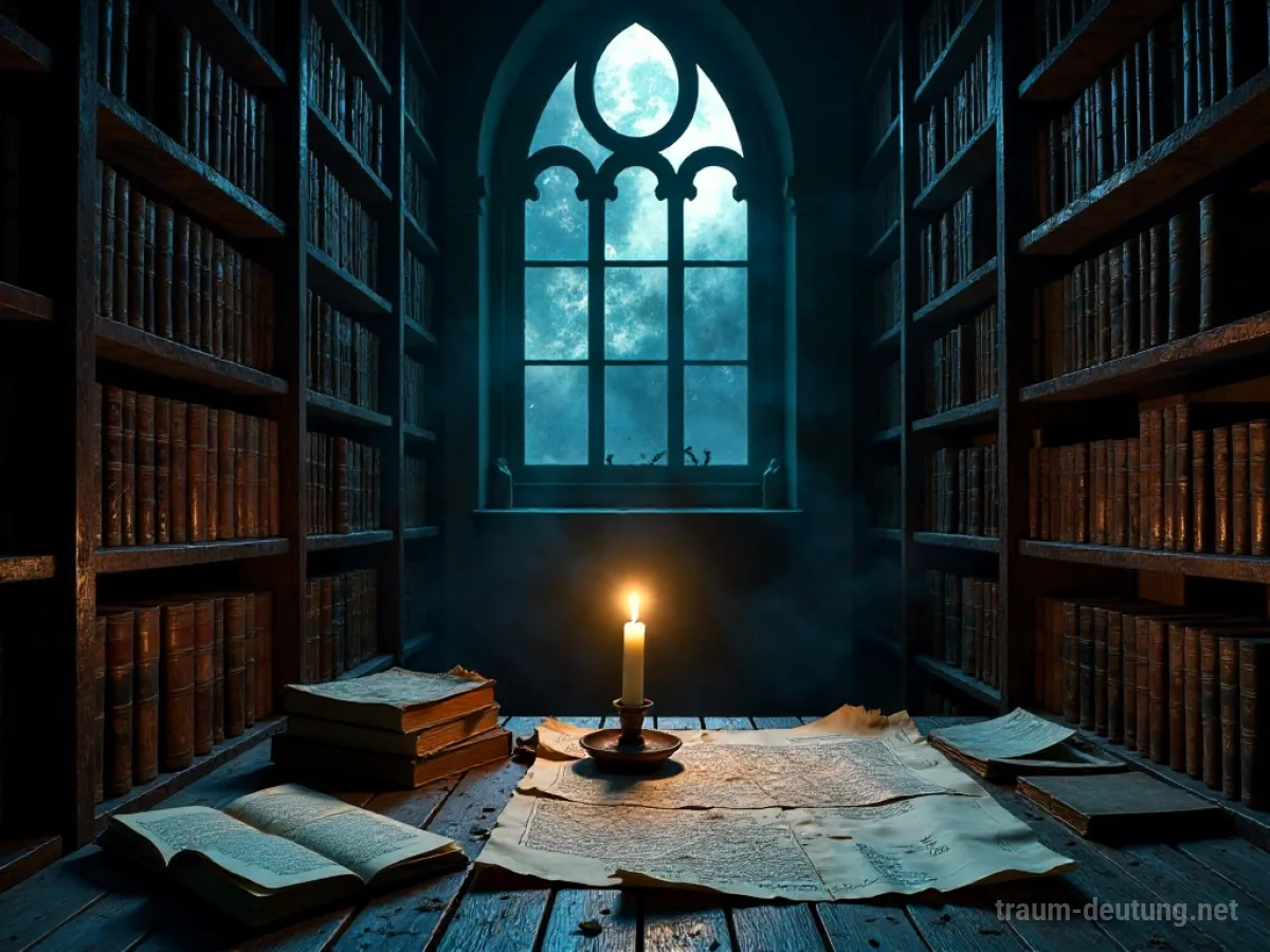 Traumdeutung Komplott: Eine alte, spärlich beleuchtete Bibliothek mit Schatten, kryptischen Notizen und einer alten Karte im Mondlicht.