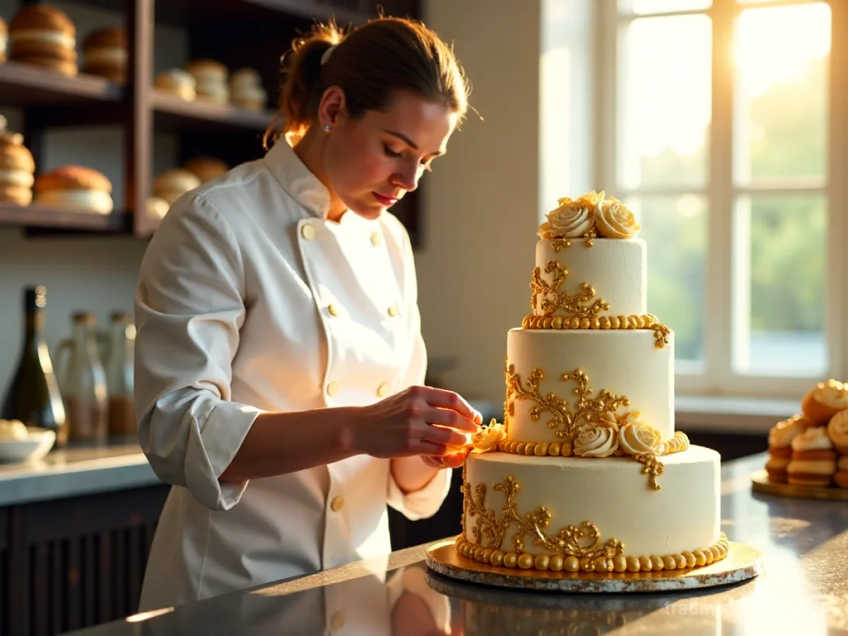 Traumdeutung Konditor: Ein Meister-Konditor in sauberer weißer Uniform dekoriert kunstvoll eine mehrstöckige Torte mit feiner Spritzglasur und essbarem Blattgold in einer sonnenbeschienenen Bäckerei.