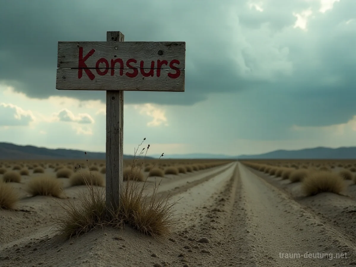 Traumsymbol Konkurs: Ein verwittertes Holzschild mit der Aufschrift 'Konkurs' steht einsam in einer staubigen, trostlosen Landschaft unter einem düsteren Himmel.