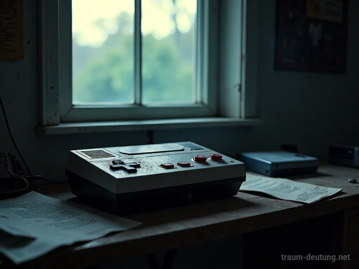 Traumsymbol Konsole: Eine verstaubte, alte Spielkonsole steht auf einem unordentlichen Schreibtisch im Mondlicht.