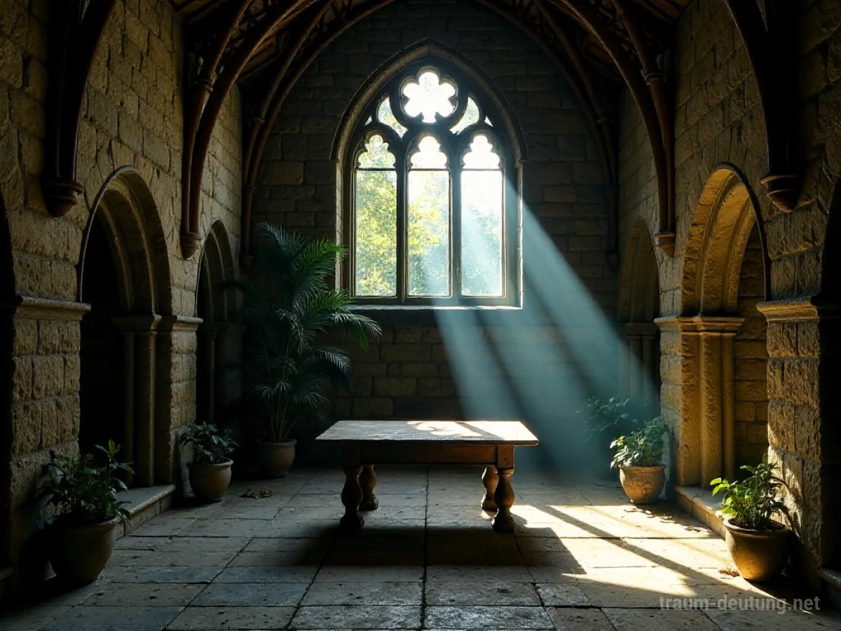 Traumsymbol Konvent: Ein alter, moosbewachsener Klosterhof im Sonnenlicht mit Steinmauern und einem leeren Holztisch, der eine stille, nachdenkliche Atmosphäre vermittelt.