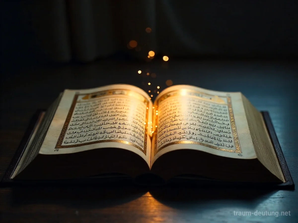 Traumdeutung Koran: Ein aufgeschlagener Koran mit goldenen arabischen Schriftzeichen liegt im sanften Licht des Mondes auf einem dunklen Holztisch.