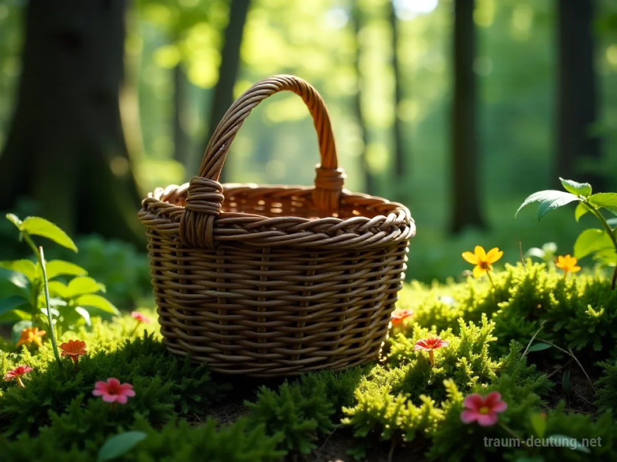 Traumsymbol Korb: Ein rustikaler, handgewebter Weidenkorb steht auf moosbedecktem Waldboden, beleuchtet von gefiltertem Sonnenlicht, das Schatten wirft.