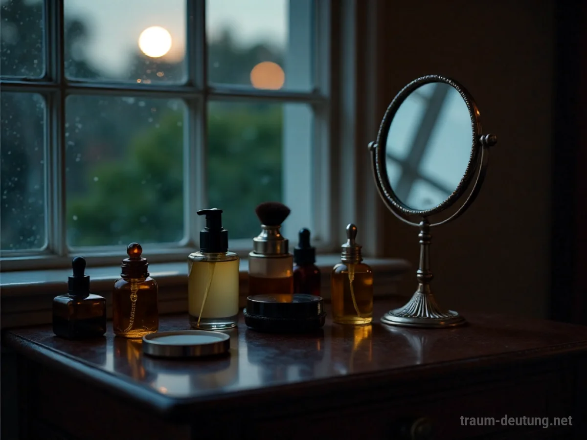 Traumdeutung Kosmetik: Ein kunstvoll arrangierter Schminktisch im Mondlicht mit Vintage-Kosmetikflaschen und Pinseln.