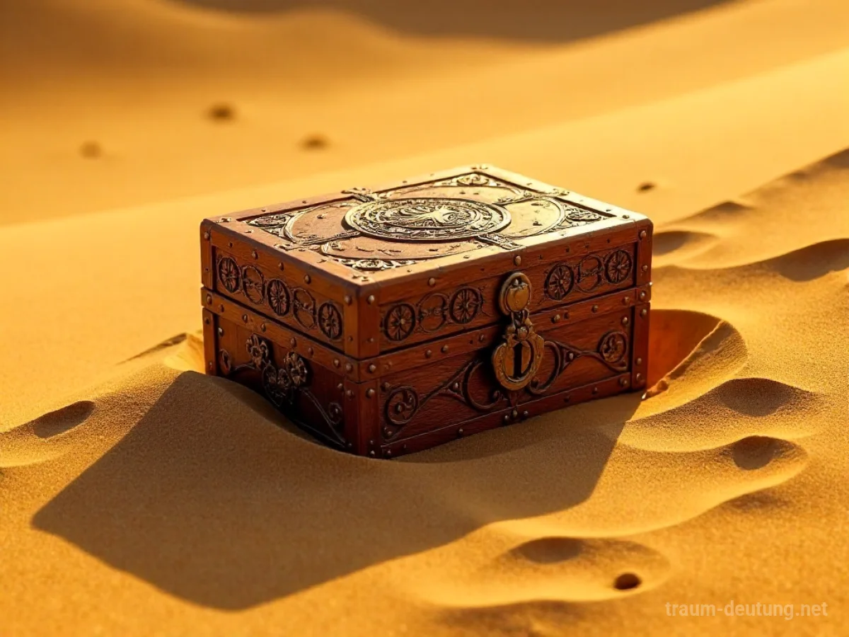 Traumsymbol Kostbar: Eine kunstvoll geschnitzte Holztruhe liegt halb im goldenen Sand vergraben, beleuchtet von warmem Sonnenlicht.