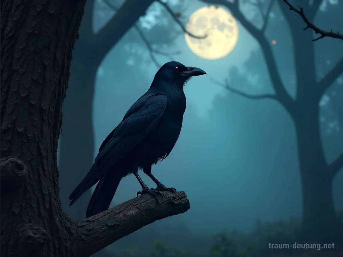 Traumsymbol Krähe: Eine einzelne, glänzend schwarze Krähe sitzt auf einem knorrigen Ast eines alten Baumes im nebligen Zwielichtwald bei Mondlicht.