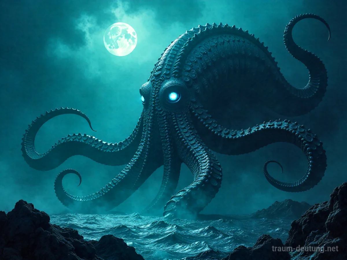 Traumsymbol Krake: Eine riesige Krake mit biolumineszenten Augen taucht aus der tiefen, dunklen Meeresabyss auf, ihre Tentakel ragen nach oben.