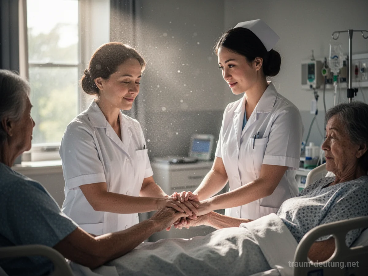 Traumdeutung Krankenschwester: Eine mitfühlende Krankenschwester in weißer Uniform hält die Hand eines Patienten in einem sanft beleuchteten Krankenzimmer.