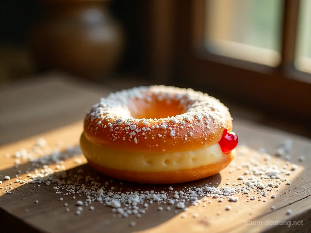 Traumsymbol Krapfen: Ein goldbrauner Krapfen mit Puderzucker und Marmelade liegt auf einem Holztisch im warmen Morgenlicht.