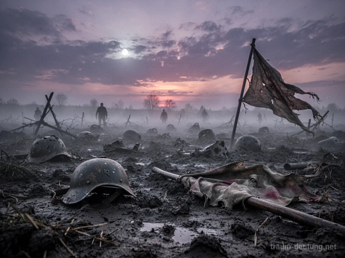 Traumsymbol Krieg: Ein verlassenes Schlachtfeld in dichtem Nebel bei Dämmerung, mit verstreuten Kriegsüberresten und einem bedrohlichen Himmel.