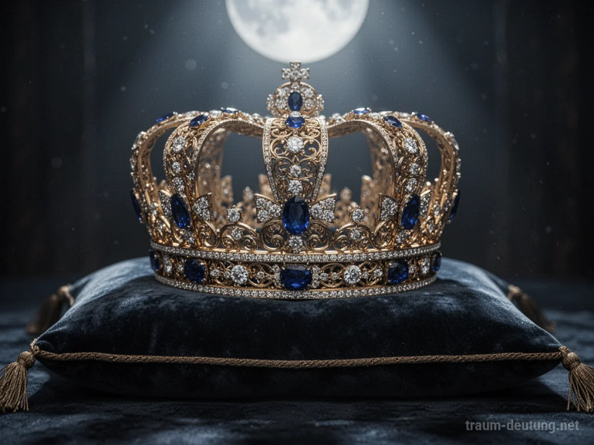 Traumdeutung Krone: Eine prunkvolle, goldene Krone mit Saphiren und Diamanten ruht auf einem dunklen Samtkissen im Mondlicht.