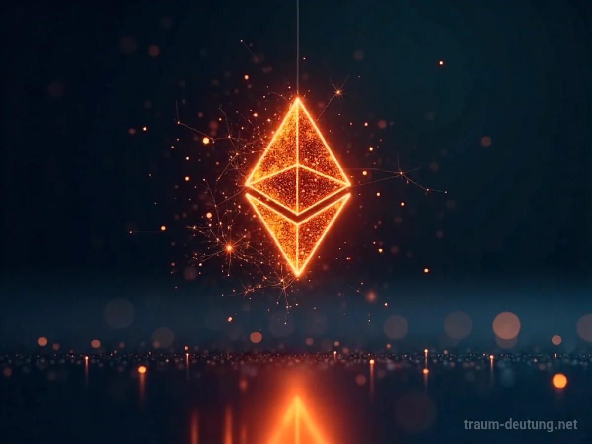 Traumsymbol Krypto: Ein leuchtendes, abstraktes Kryptowährungssymbol schwebt in einer dunklen, ätherischen Leere, umgeben von subtilen, digitalen Verbindungslinien.