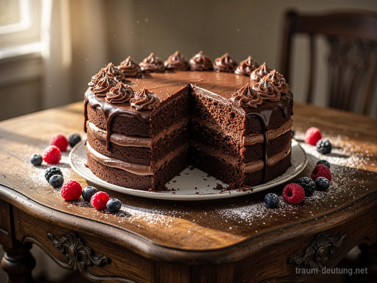 Traumsymbol Kuchen: Ein üppig dekorierter Schokoladenkuchen mit mehreren Schichten steht auf einem Holztisch im warmen Licht, mit einigen Beeren und Puderzucker bestäubt.