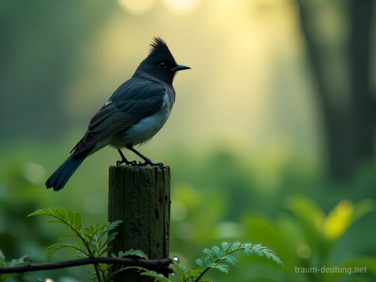 Traumsymbol Kuckuck: Ein Kuckuck sitzt auf einem moosbewachsenen Holzzaunpfahl in einem nebligen Wald, während zarte Sonnenstrahlen durch die Bäume fallen.
