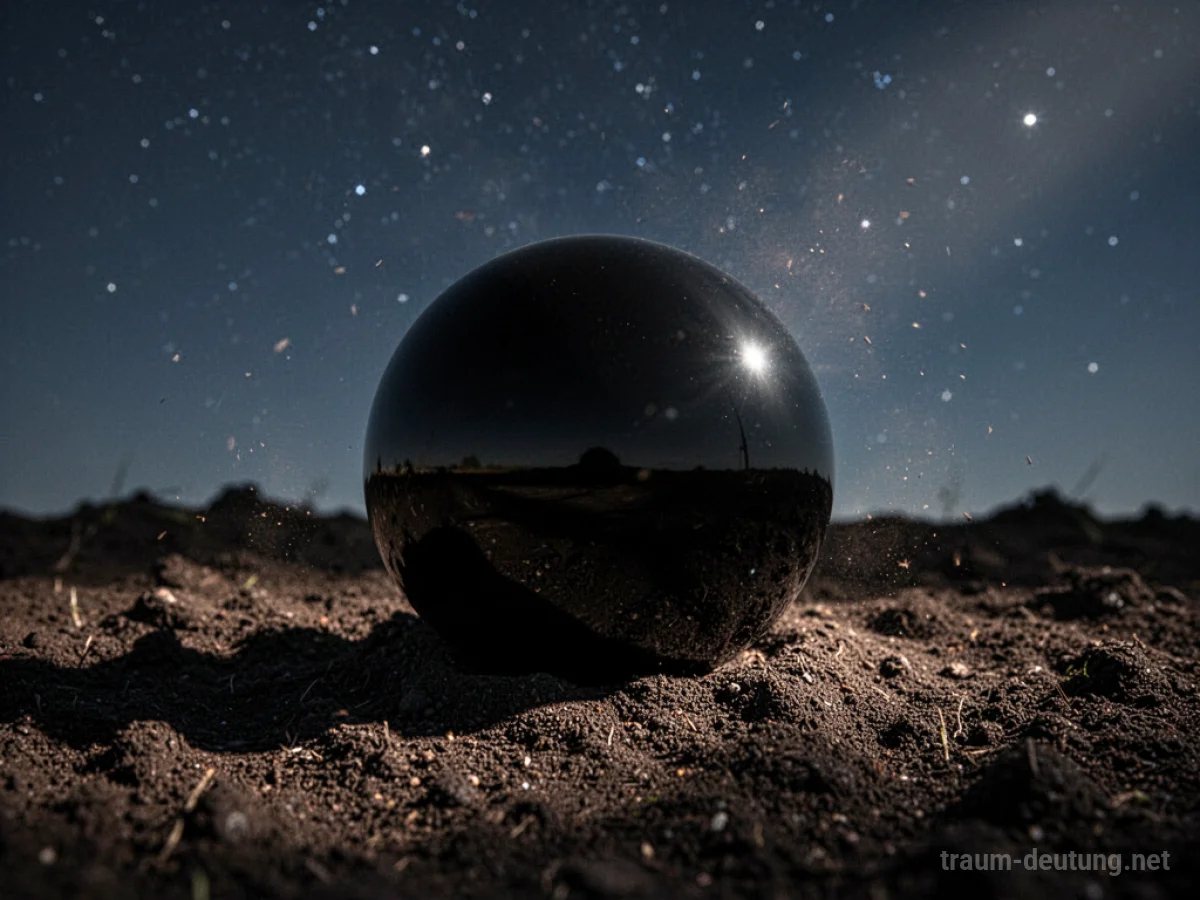 Traumsymbol Kugel: Eine makellose, schwarze Kugel liegt auf dunkler Erde unter einem Sternenhimmel, beleuchtet von sanftem Mondlicht.