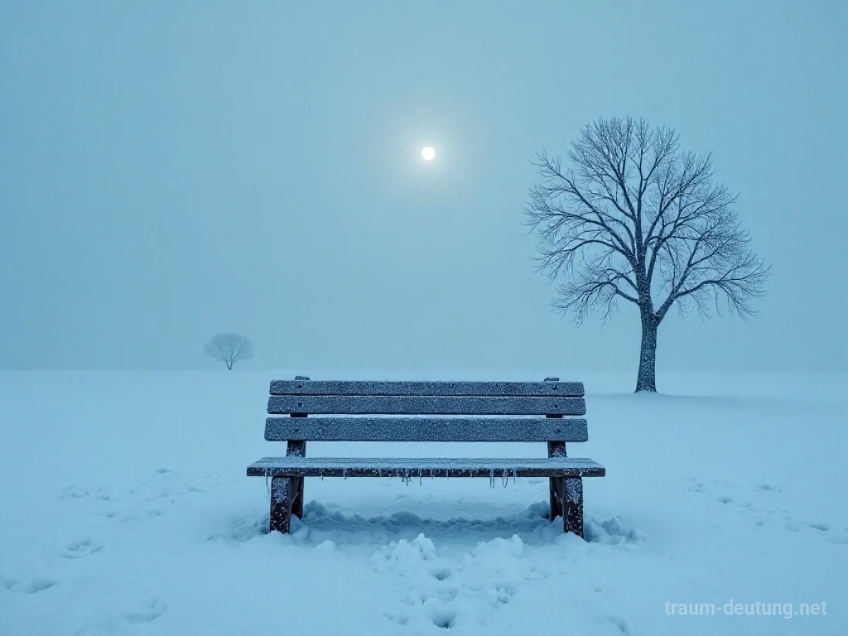 Traumsymbol Kühl: Eine einsame, frostbedeckte Holzbank in einer weiten, winterlichen Landschaft unter Mondlicht.