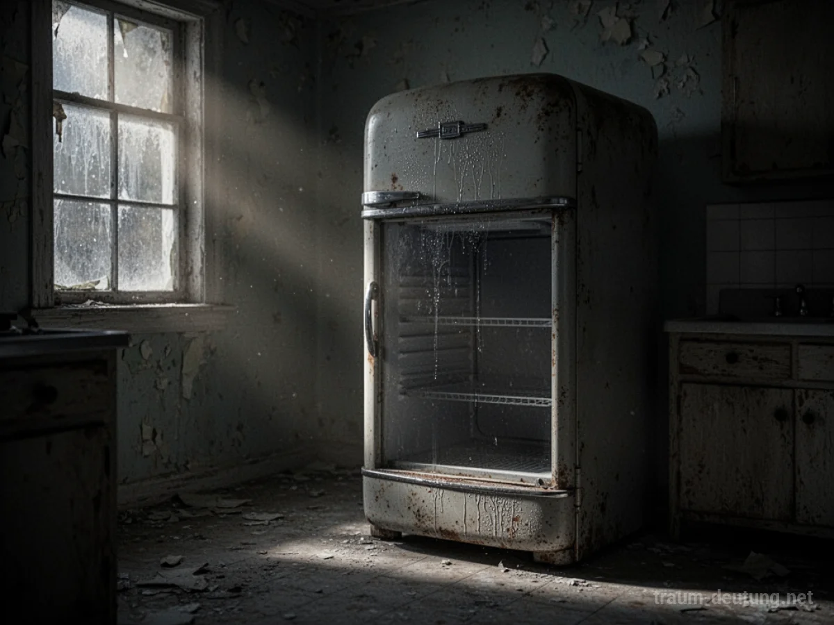 Traumsymbol Kühlschrank: Ein alter, leicht verwitterter Kühlschrank steht allein in einer schwach beleuchteten, verlassenen Küche, beleuchtet von Mondlicht.