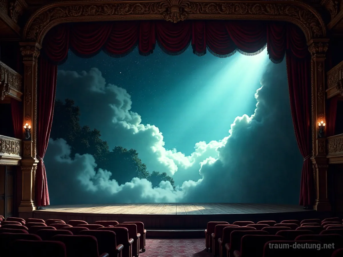 Traumsymbol Kulisse: Eine prunkvolle, leicht abgenutzte Theaterkulisse mit einer surrealen Landschaft, die im dramatischen Scheinwerferlicht mysteriös wirkt.