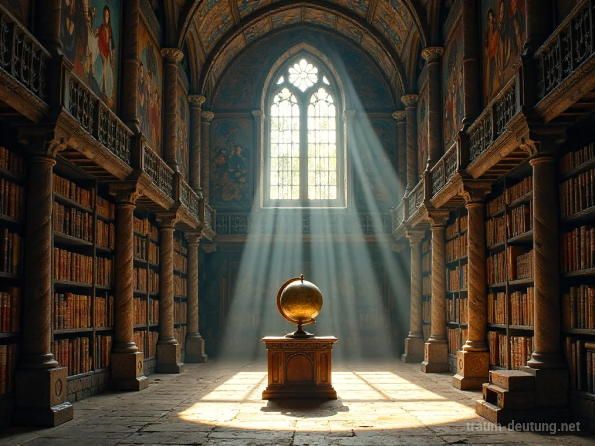 Traumsymbol Kultur: Eine antike Bibliothek mit hohen Bücherregalen, durchbrochen von Sonnenlicht, das Staubpartikel beleuchtet. Hängende Wandteppiche und ein leuchtender Globus schaffen eine Atmosphäre des Wissens.