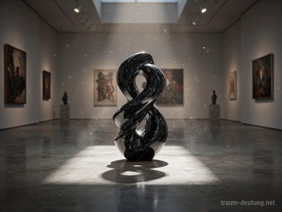 Traumsymbol Kunst: Eine abstrakte Skulptur aus poliertem, wirbelndem Obsidian steht in einer dunklen Galerie, beleuchtet von sanftem Licht.