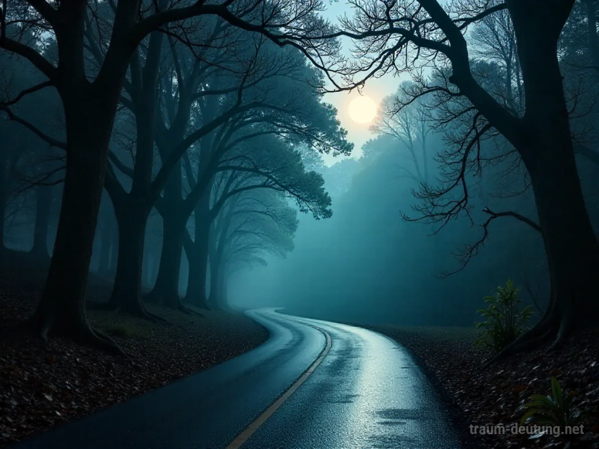 Traumsymbol Kurve: Eine gewundene Straße verschwindet in einem mystischen Wald, beleuchtet von mystischem Mondlicht und Nebel.