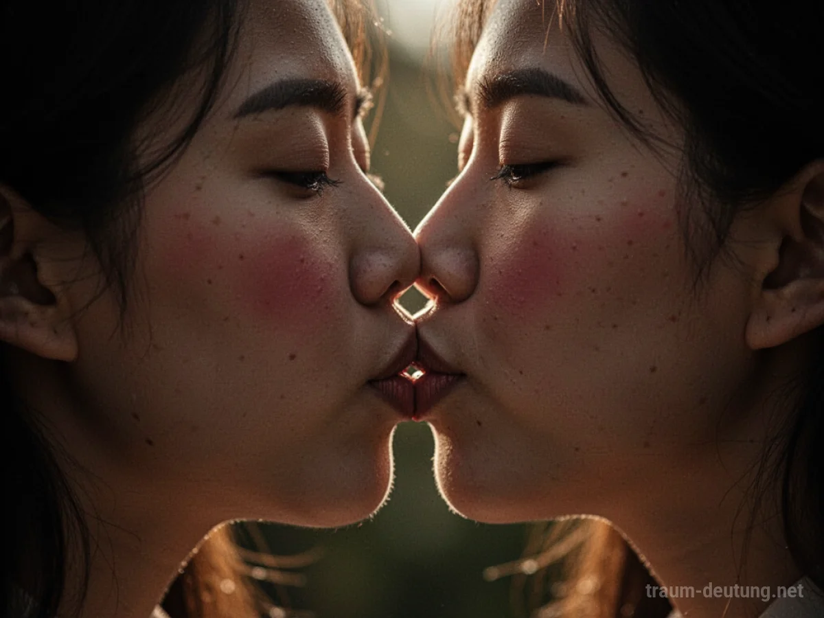Traumsymbol Küssen: Zwei Gesichter berühren sich sanft in einem intimen, warmen Licht, das tiefe emotionale Verbindung ausdrückt.