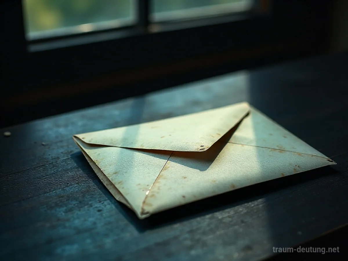 Traumsymbol Kuvert: Ein leicht geöffneter, verwitterter Briefumschlag liegt auf einem dunklen Holztisch im Mondlicht, aus dem zartes Papier ragt.