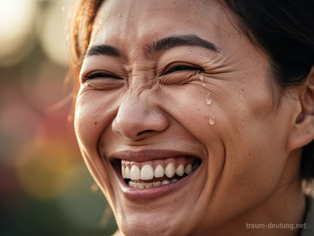Traumsymbol Lachen: Ein Gesicht im Moment tiefen Lachens, erhellt von warmem Licht, mit einem Anflug von Glückstränen.