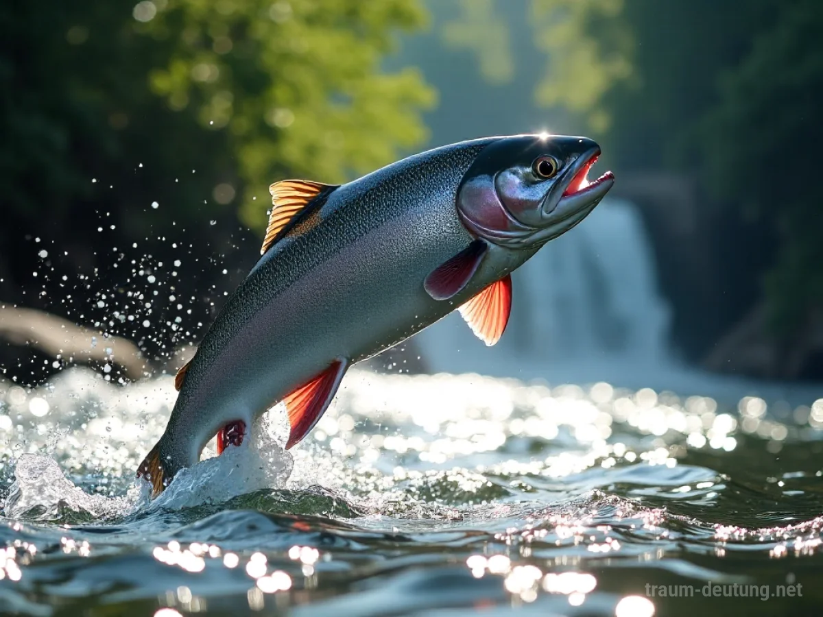 Traumsymbol Lachs: Ein majestätischer Lachs mit schimmernden Schuppen springt kraftvoll aus einem kristallklaren Fluss vor einem Wasserfall.