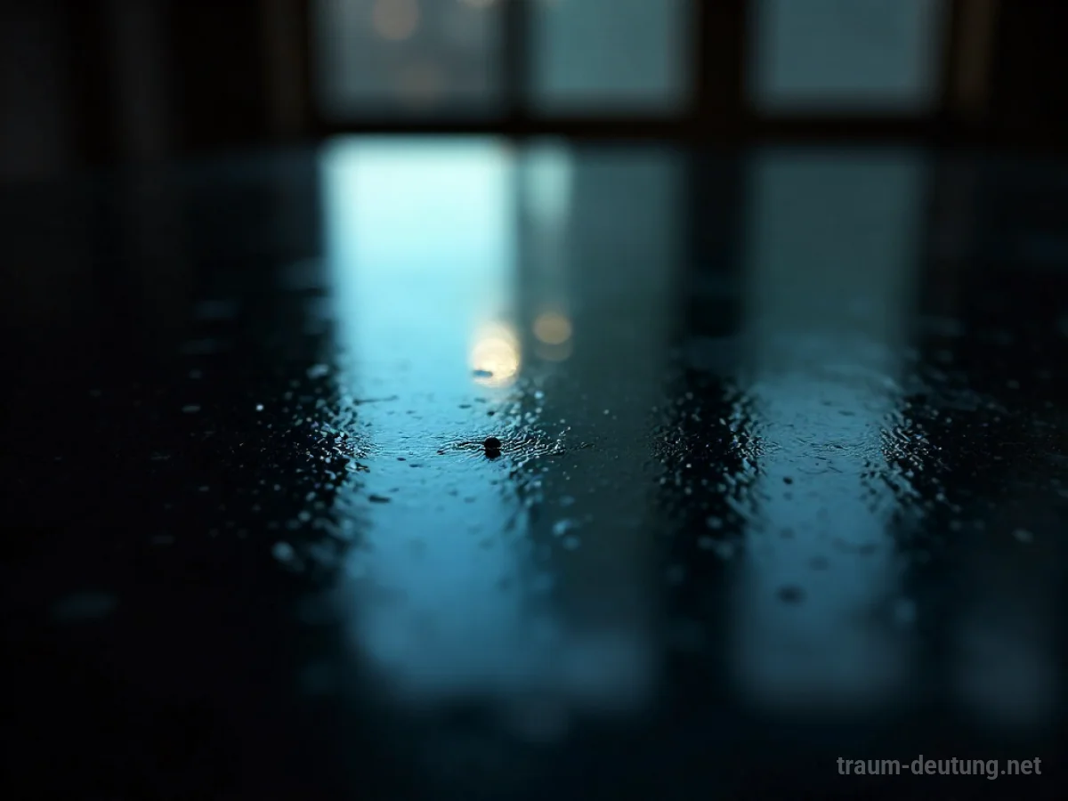 Traumdeutung Lack: Eine glatte, glänzende schwarze Lackoberfläche reflektiert ein schwach beleuchtetes Zimmer mit langen Schatten.