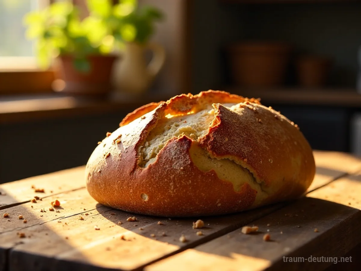 Traumsymbol Laib: Ein goldbrauner, rustikaler Laib Brot liegt auf einem alten Holztisch, beleuchtet von sanftem Morgenlicht mit einigen Streuseln.