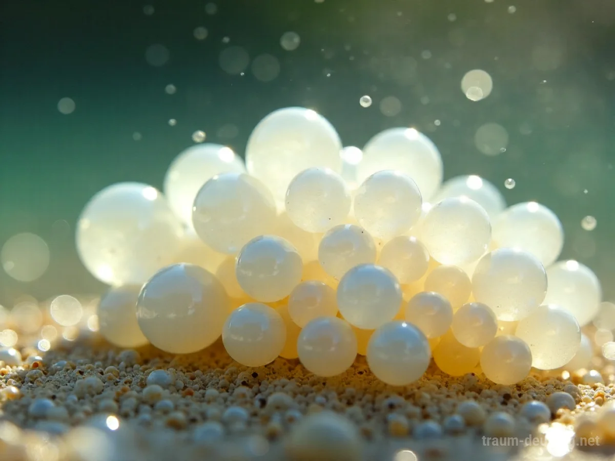 Traumsymbol Laich: Ein Cluster durchscheinender Fischlaicheier, die wie winzige Perlen in klarem Wasser schweben, mit sanftem Sonnenlicht und aufsteigenden Bläschen.