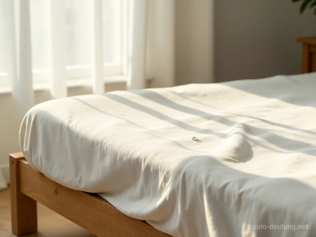 Traumsymbol Laken: Ein makelloses weißes Leinenlaken liegt auf einem schlichten Holzbett in einem hellen Raum, Sonnenlicht fällt durch den Vorhang.