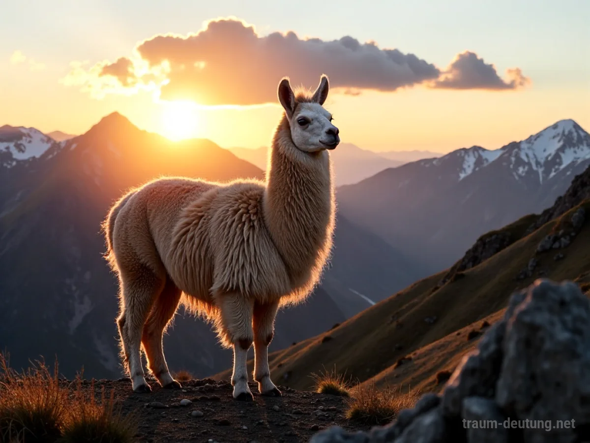 Traumsymbol Lama: Ein majestätisches Lama mit langem Fell steht auf einem windgepeitschten Anden-Pass im warmen Licht der untergehenden Sonne.