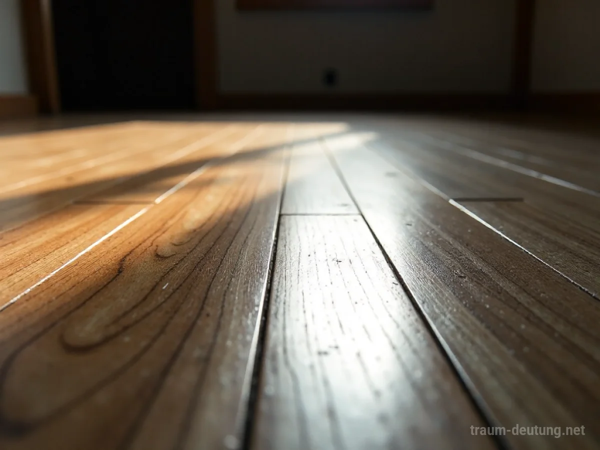 Traumsymbol Laminat: Eine Nahaufnahme eines glänzenden Laminatbodens mit Holzmaserungsmuster, beleuchtet von einem einzelnen Scheinwerfer.
