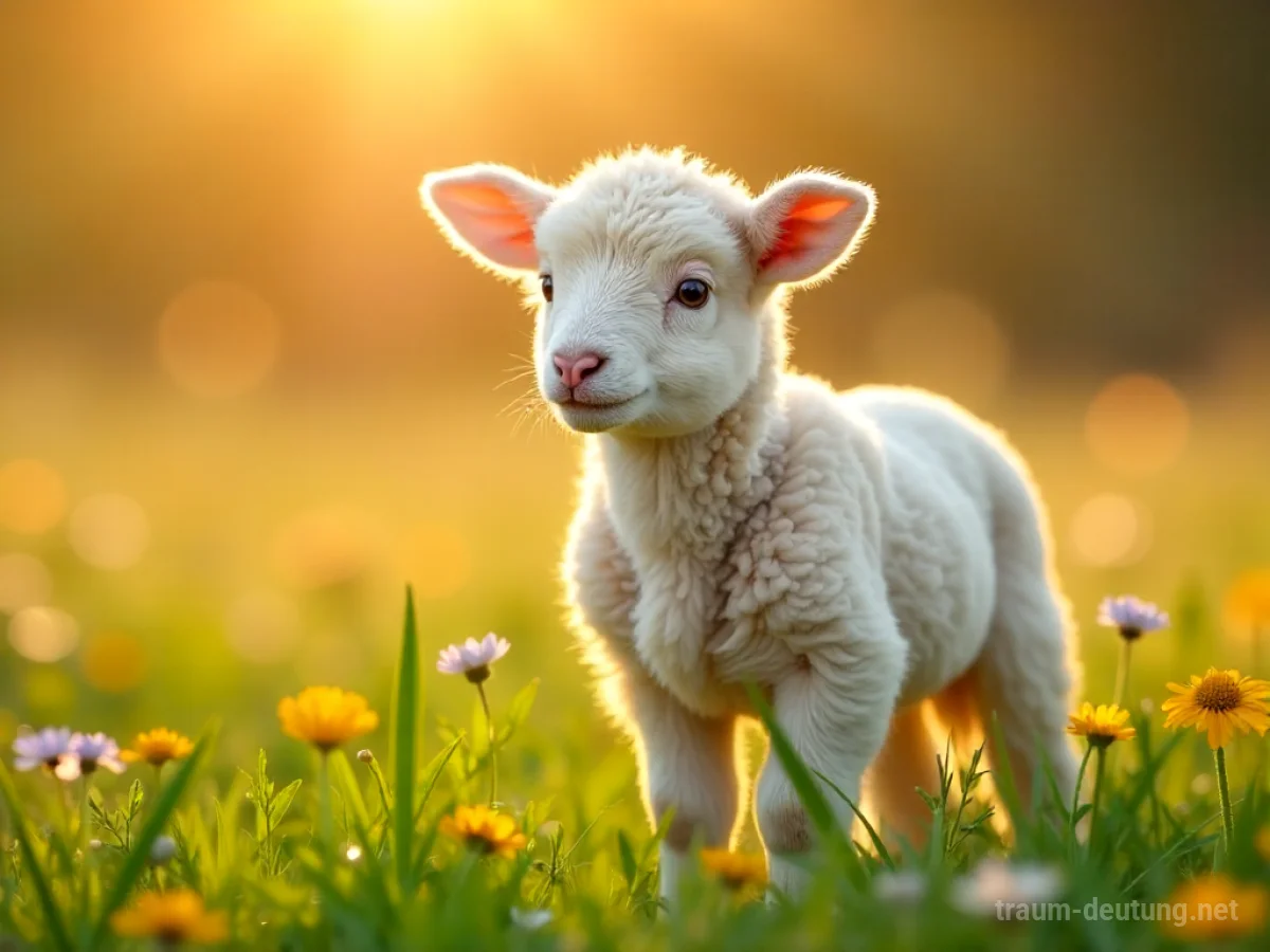 Traumsymbol Lamm: Ein flauschiges, weißes Lamm steht auf einer sonnigen Blumenwiese im Morgengrauen.