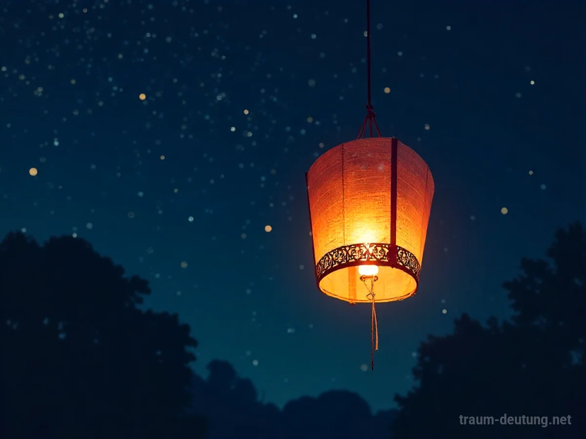Traumsymbol Lampion: Ein leuchtender Papierlampion schwebt sanft in einem sternenklaren Nachthimmel und spendet warmes, goldenes Licht.