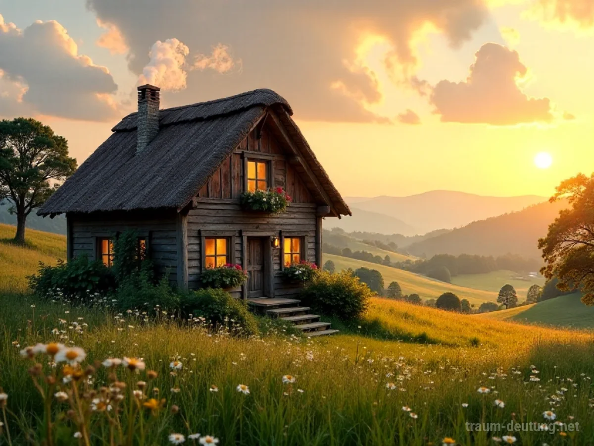 Traumsymbol Landhaus: Ein malerisches, rustikales Landhaus in sanfter Hügellandschaft bei Sonnenuntergang mit rauchendem Schornstein und blühenden Blumen.