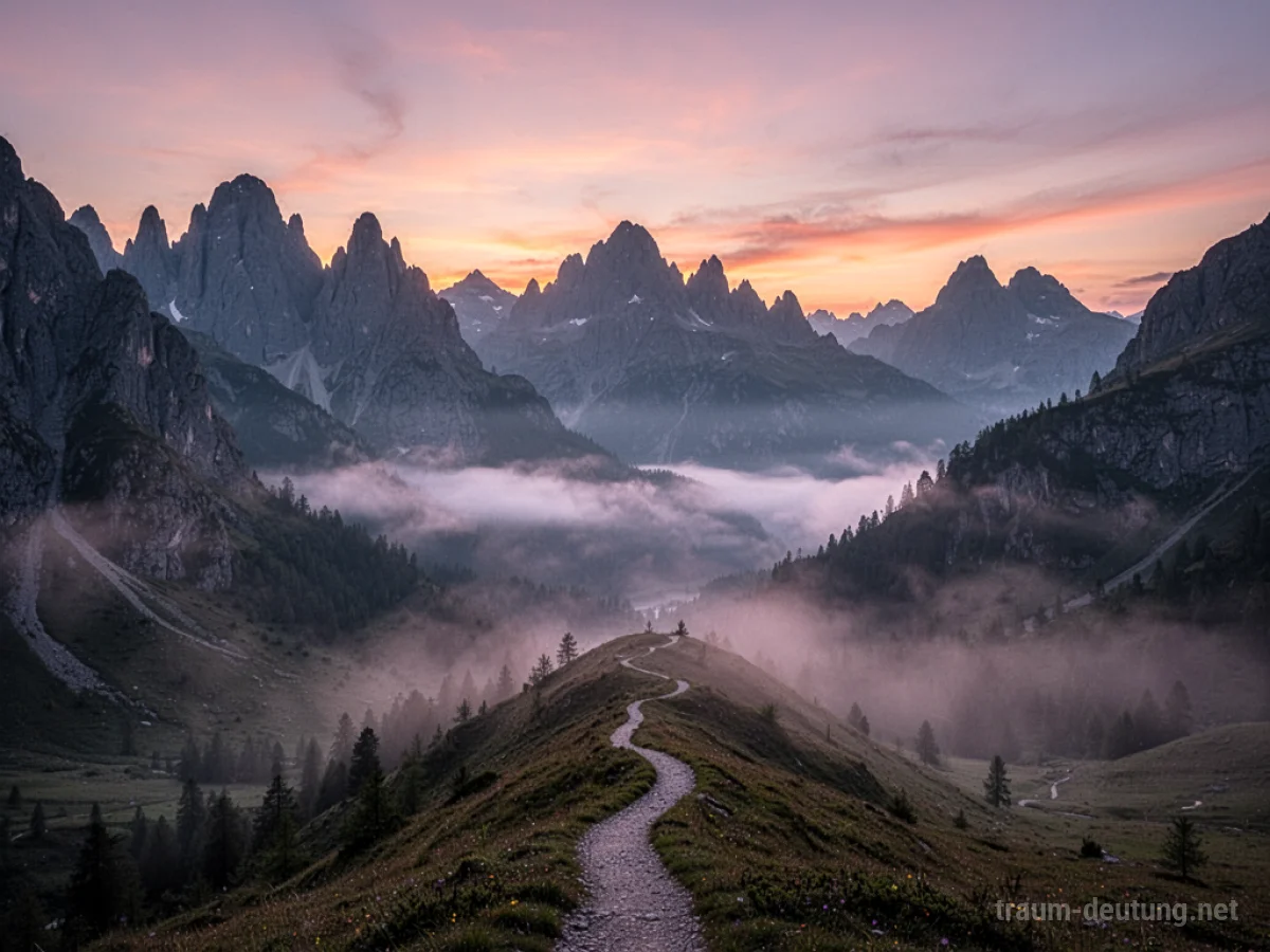 Traumdeutung Landschaft: Eine weite Berglandschaft im Morgengrauen mit Nebeltälern und einem schmalen Pfad, der sich dem Horizont nähert.