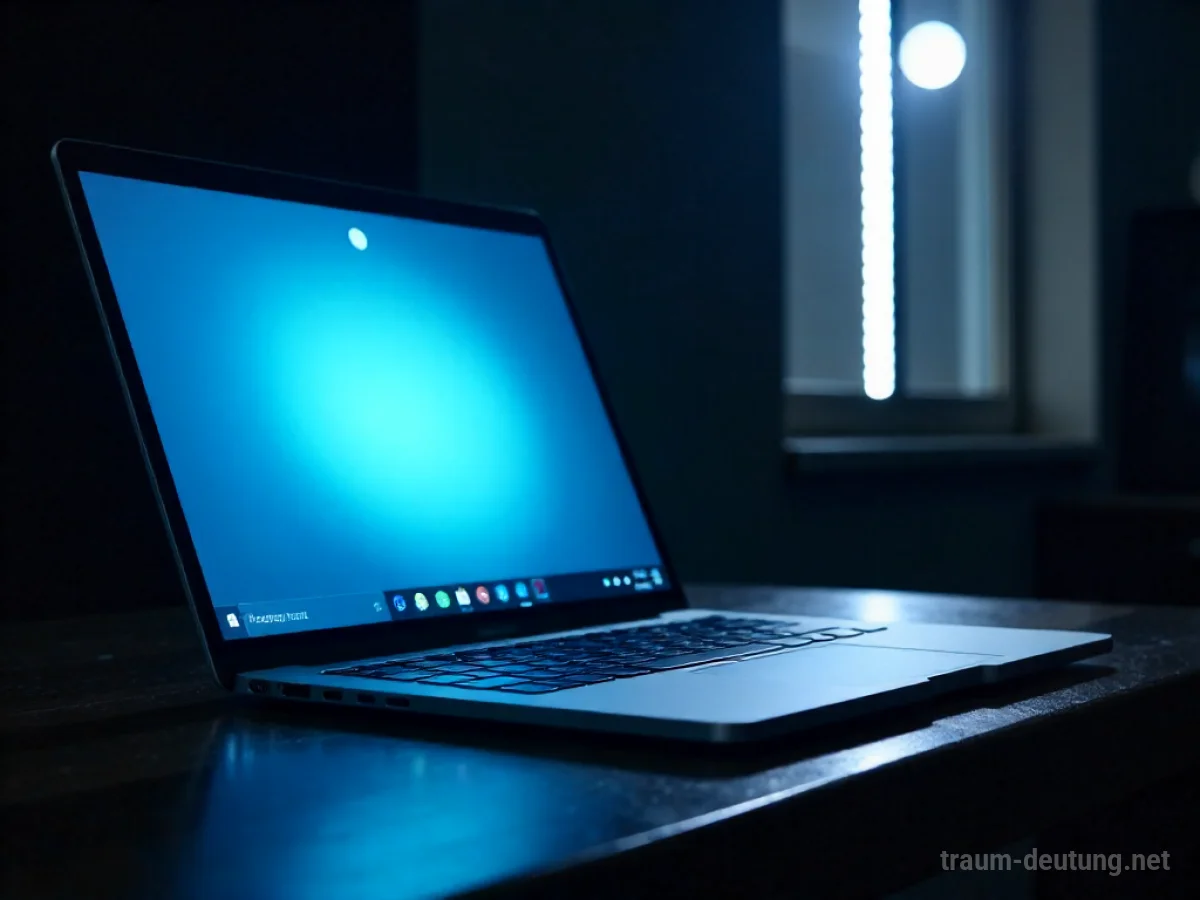 Traumsymbol Laptop: Ein moderner Laptop steht auf einem dunklen Holzschreibtisch, sein Bildschirm leuchtet sanft blau im Mondlicht.