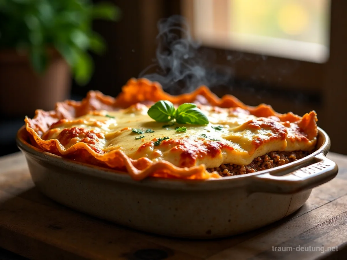 Traumsymbol Lasagne: Eine dampfende, frisch gebackene Lasagne in einer rustikalen Keramikform auf einem Holztisch, mit sichtbar geschichteten Zutaten und geschmolzenem Käse im warmen Licht eines Küchenfensters.