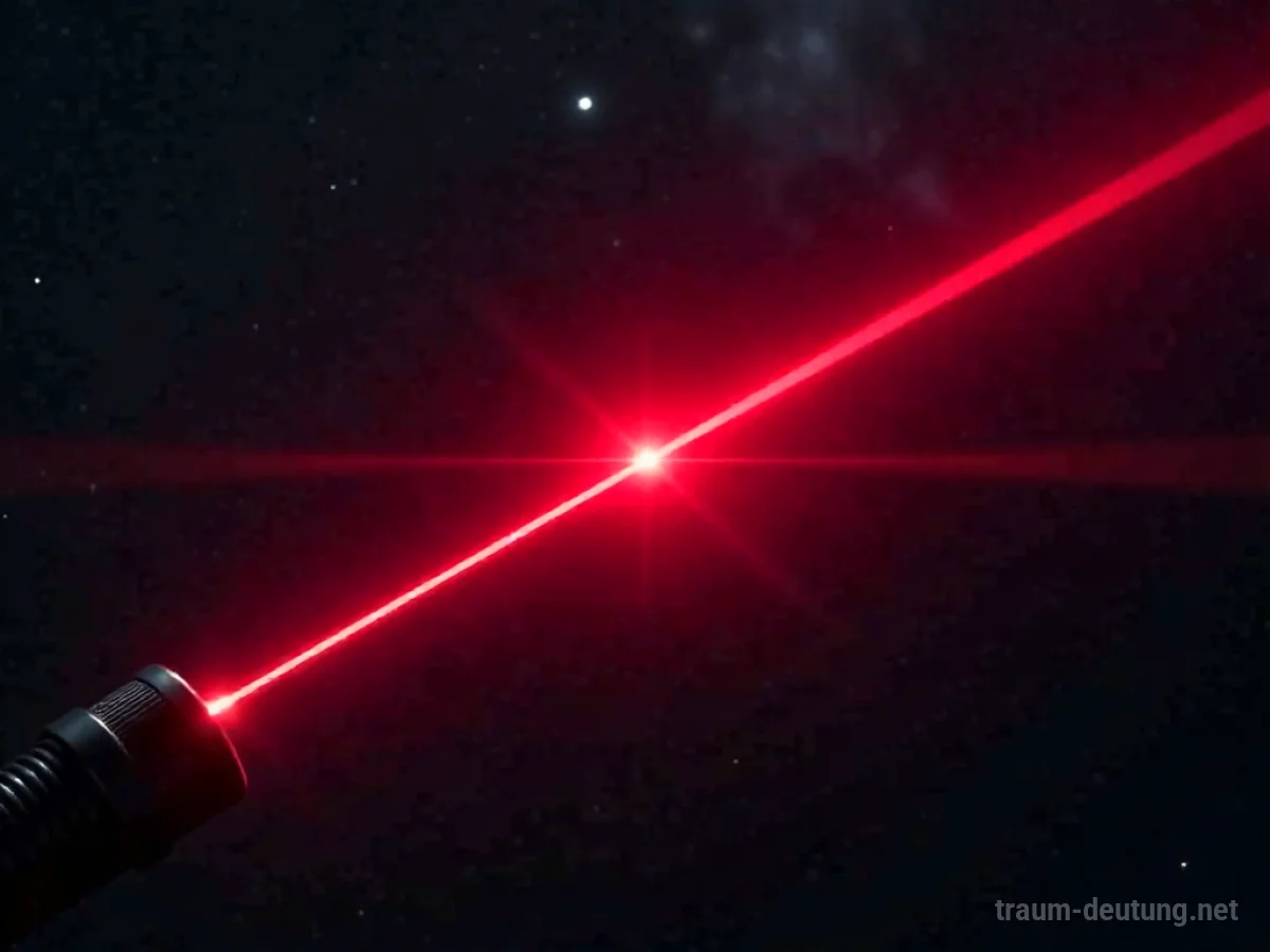 Traumdeutung Laser: Ein schmaler, roter Laserstrahl durchschneidet eine dunkle Leere und beleuchtet Staubpartikel in der Luft.