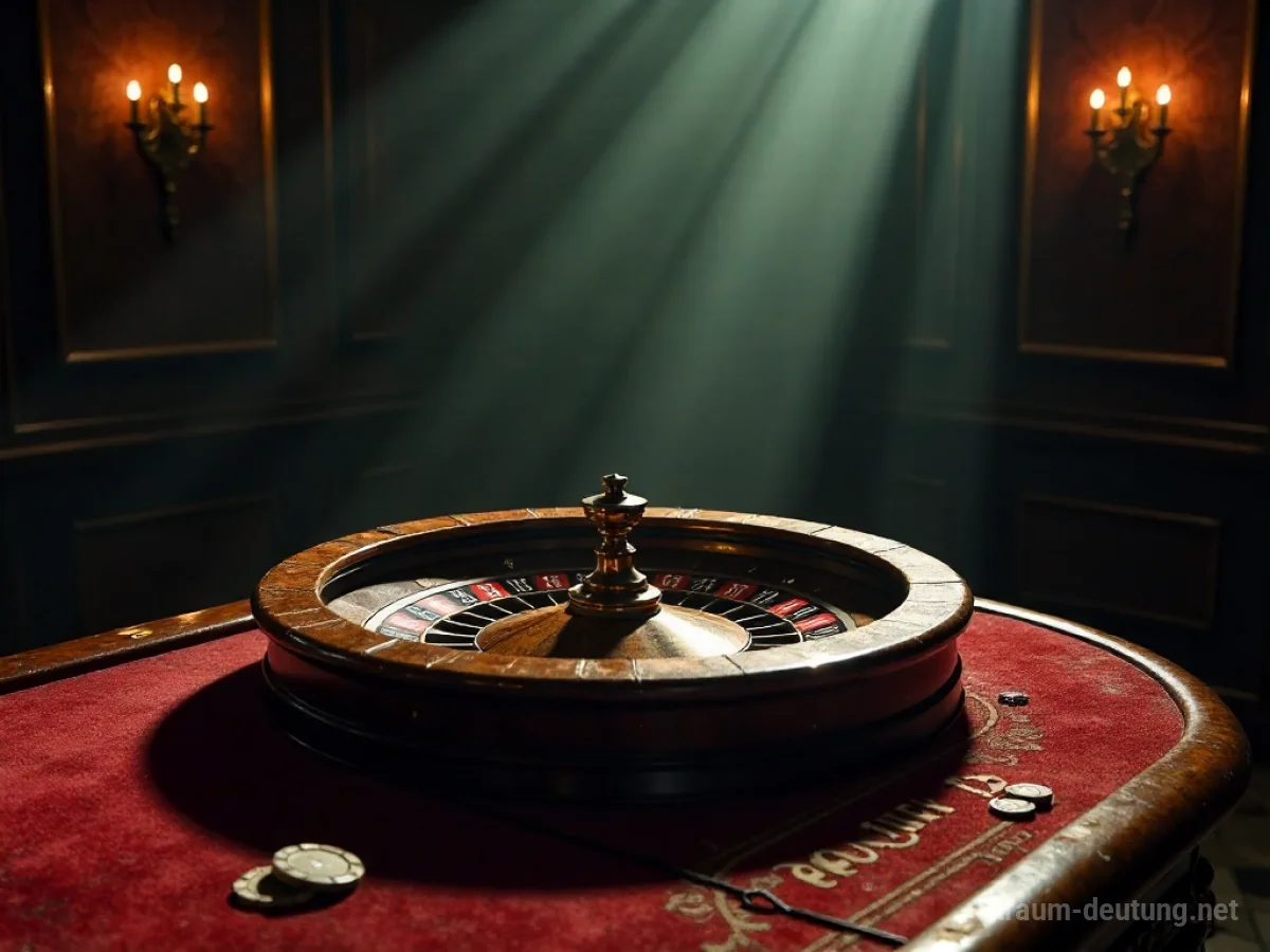 Traumdeutung Laster: Ein abgenutztes Rouletterad in einem düsteren, altmodischen Casino, umgeben von wenigen verstreuten Spielchips.