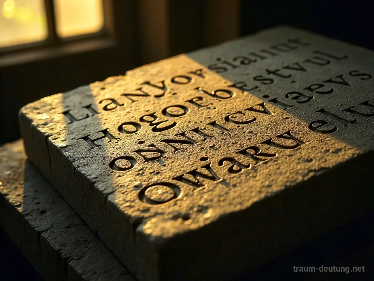 Traumsymbol Latein: Antiker lateinischer Text, eingraviert auf einer verwitterten Steintafel, die in einer staubigen, schwach beleuchteten Bibliothek liegt, beleuchtet von goldenem Licht.